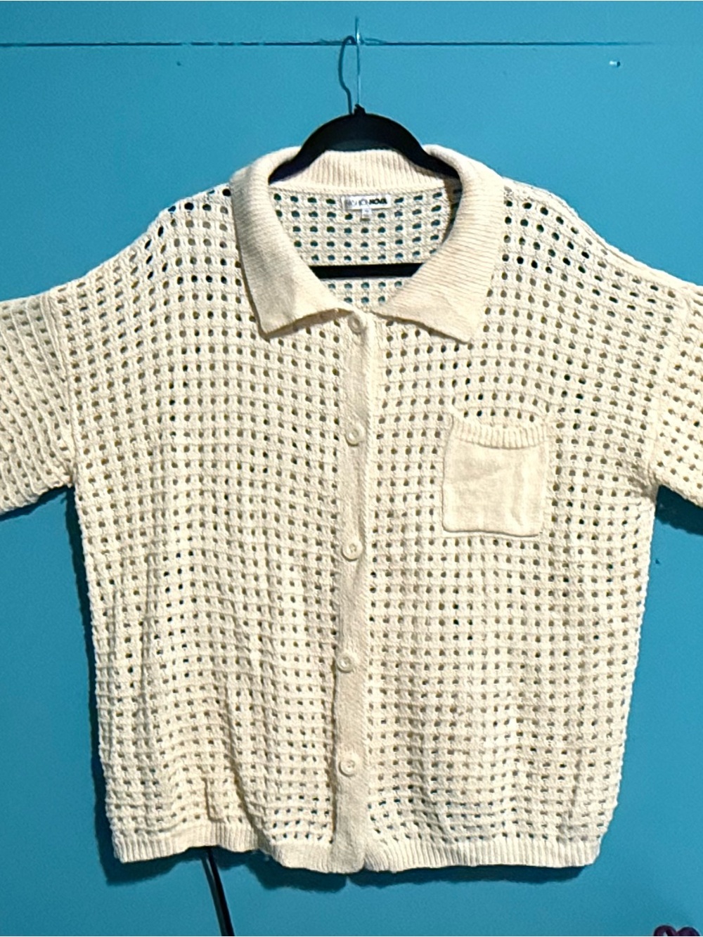Fashion Nova Cream Open-Weave Button Front Cardigan